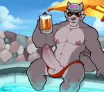  2017 alcohol balls beer beverage canine clothing conal_(character) eyewear fur glasses grey_fur hat male mammal marlon.cores muscular muscular_male nipples outside penis poking_out pool_(disambiguation) speedo sunglasses swimsuit umbrella wolf 