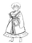  &gt;:) barefoot breast_expansion breasts greyscale highres japanese_clothes kimono large_breasts looking_at_viewer miracle_mallet monochrome nazotyu short_hair sketch smile solo standing sukuna_shinmyoumaru touhou v-shaped_eyebrows very_short_hair 