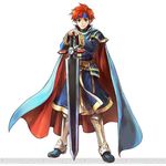  armor blue_armor blue_eyes cape cosplay durandal_(fire_emblem) eliwood_(fire_emblem) eliwood_(fire_emblem)_(cosplay) fire_emblem fire_emblem:_fuuin_no_tsurugi fire_emblem:_rekka_no_ken fire_emblem_heroes full_body looking_at_viewer male_focus official_art red_hair roy_(fire_emblem) short_hair smile wada_sachiko 