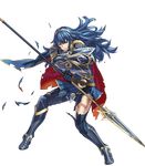  armor armored_boots bangs belt blue_armor blue_eyes blue_hair boots cape fire_emblem fire_emblem:_kakusei fire_emblem_heroes full_body hair_ornament highres holding holding_weapon jewelry kozaki_yuusuke long_hair lucina official_art one_eye_closed open_mouth polearm shield shoulder_pads solo spear standing thighhighs tiara torn_clothes transparent_background weapon 