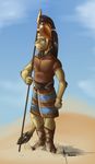  aennor armor bracelet desert feline guard hatti hittite jewelry lion looking_at_viewer lynx male mammal melee_weapon polearm reccane solo spear standing tail_tuft tuft weapon whiskers 