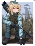  1girl absurdres black_footwear black_gloves blonde_hair blue_bow blue_hairband blue_jacket blue_pants blue_sky boots bow brown_eyes bulletproof_vest camouflage camouflage_jacket closed_mouth gamryous gas_mask girls&#039;_frontline gloves gun gun_sling hair_bow hairband handgun highres holding holding_gun holding_weapon jacket light_frown long_hair long_sleeves mask outdoors pants plant ponytail power_lines reeds reflex_sight scope side_ponytail sidelocks sky solo stalker_(game) sv-98_(girls&#039;_frontline) variant_set watchtower weapon weapon_request wetland 