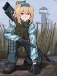  1girl absurdres black_footwear black_gloves blonde_hair blue_bow blue_hairband blue_jacket blue_pants blue_sky boots bow brown_eyes bulletproof_vest camouflage camouflage_jacket closed_mouth gamryous gas_mask girls&#039;_frontline gloves gun gun_sling hair_bow hairband handgun highres holding holding_gun holding_weapon jacket light_frown long_hair long_sleeves mask outdoors pants plant ponytail power_lines reeds reflex_sight scope side_ponytail sidelocks sky solo stalker_(game) sv-98_(girls&#039;_frontline) variant_set watchtower weapon weapon_request wetland 