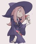  belt hair_over_one_eye hat holding holding_mushroom little_witch_academia long_hair mochi_(mochi444420) mushroom pale_skin pink_eyes pink_hair simple_background smirk solo sucy_manbavaran upper_body wide_sleeves witch_hat 