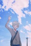  1boy arm_at_side arm_up bag black_bag blue_pants blurry blurry_foreground brown_cardigan buttons cardigan chromatic_aberration closed_eyes cloud day facing_viewer highres kagerou_project kano_shuuya koyon light_brown_hair long_sleeves male_focus open_mouth outdoors pants photo_background power_lines shirt short_hair shoulder_bag solo teeth upper_body upper_teeth_only utility_pole waving white_shirt 