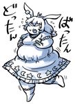  animal_ears big_belly breasts bunny_ears commentary dress fat jewelry long_hair low_twintails medium_breasts messy_hair monochrome nazotyu obese seiran_(touhou) single_earring sketch socks solo touhou twintails weight_gain 