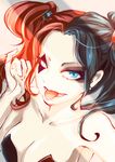  bare_shoulders blue_eyes blue_hair breasts cleavage dc_comics harley_quinn large_breasts looking_at_viewer multicolored_hair pangxie-ji red_hair solo tongue tongue_out two-tone_hair upper_body 