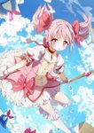  bow_(weapon) clothesline cloud day dress gloves highres jewelry kaname_madoka leg_lift long_hair magical_girl mahou_shoujo_madoka_magica mullpull open_mouth outstretched_arms pendant pink_dress pink_eyes pink_hair ribbon school_uniform serafuku shirt shoes sky solo thighhighs twintails weapon white_legwear white_shirt 