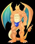 2014 3_toes abrahamsillo abs anthro anthrofied barefoot biceps biped black_background blue_bottomwear blue_clothing blue_eyes blue_underwear bulge c.j._hayes charizard claws clothed clothing countershade_tail countershading digital_media_(artwork) dragon fan_character fangs fire flaming_tail front_view full-length_portrait hi_res horn long_tail male membranous_wings multicolored_scales multicolored_tail muscular muscular_male nintendo orange_horn orange_scales orange_tail pecs pepsi_(fa) plantigrade pok&eacute;mon pok&eacute;morph portrait quads scales scalie serratus simple_background solo standing thick_tail thong toe_claws toes topless two_tone_scales two_tone_tail underwear video_games white_claws wings yellow_countershading yellow_scales yellow_tail 