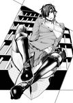  bad_id bad_pixiv_id boots choker crossdressing crossed_legs eyepatch greyscale hair_over_one_eye hand_on_own_thigh insitsukun knee_boots male_focus monochrome pectorals pleated_skirt ribbon_choker riding_crop school_uniform shokudaikiri_mitsutada skirt smile solo thighhighs touken_ranbu 