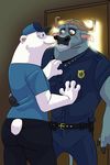  2017 akiric anthro badge bear belt bovine buffalo cape_buffalo chief_bogo clothed clothing disney duo eye_contact female furgonomics hand_on_chest major_friedkin_(zootopia) male mammal notched_ear polar_bear standing tail_clothing utility_belt zootopia 