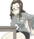  brown_hair chair glasses head_on_hand jacket kouzuki_sanae sakura_quest sitting solo table track_jacket watanabegenn zipper 