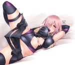 akatsuki_akane armor armored_dress black_legwear blush breast_grab breasts commentary_request covered_nipples elbow_gloves fate/grand_order fate_(series) gloves grabbing grabbing_from_behind groping hair_over_one_eye highres large_breasts lavender_hair looking_at_viewer lying mash_kyrielight navel on_side open_mouth purple_eyes short_hair solo_focus spread_legs stomach sweat thighhighs 