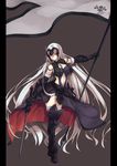  absurdly_long_hair ahoge armor armored_boots bangs black_gloves blonde_hair boots breasts chain cleavage cleavage_cutout dress fate/grand_order fate_(series) flag flagpole full_body fur_trim gloves grey_background hair_between_eyes headpiece holding holding_sword holding_weapon jeanne_d'arc_(alter)_(fate) jeanne_d'arc_(fate)_(all) karakura long_hair looking_at_viewer medium_breasts navel navel_cutout pillarboxed polearm simple_background solo standing sword vambraces very_long_hair weapon yellow_eyes 
