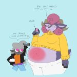 absa anthro belly_blush belt blush blush_lines body_blush bottomwear bovid caprine clothing cookie denim denim_bottomwear denim_clothing ear_piercing female female/female food fur goat hair hi_res horn isabella_(sheepswithfangs) jeans macaron_(food) mammal obese overweight overweight_female pants piercing pink_eyes pink_hair rivals_of_aether rolled_up_shirt sheep sheepswithpumps skirt stuffing_(food) tight_bottomwear tight_clothing tight_skirt wool_(fur)