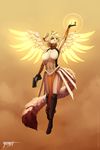  anthro black_nose blue_eyes breasts canine clothed clothing feathered_wings feathers gun holding_object holding_weapon mammal mercy_(overwatch) navel overwatch ranged_weapon smile video_games weapon wings wolfirry 