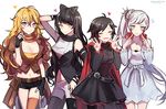  belt black_hair blake_belladonna blonde_hair blue_eyes bow breasts cape cleavage corset cropped_jacket double_w ecru fingerless_gloves fingersmile gloves hair_bow jewelry large_breasts long_hair looking_at_viewer medium_breasts multiple_girls navel necklace pantyhose ponytail purple_eyes red_cape red_hair ruby_rose rwby scar scar_across_eye side_ponytail simple_background single_thighhigh small_breasts smile standing thighhighs w weiss_schnee white_hair yang_xiao_long yellow_eyes 
