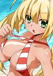  :o ahoge akou_roushi bare_shoulders beach bikini blonde_hair blush breasts commentary_request criss-cross_halter day earrings fate/grand_order fate_(series) green_eyes halterneck jewelry large_breasts long_hair looking_at_viewer nero_claudius_(fate)_(all) nero_claudius_(swimsuit_caster)_(fate) outdoors solo striped striped_bikini swimsuit tan tanline twintails upper_body water 