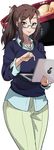  absurdres blue-framed_eyewear blush brown_eyes brown_hair computer glasses highres julioalqae kouzuki_sanae laptop looking_at_viewer sakura_quest sketch smile solo standing 