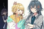  ... 3girls :o anger_vein angry antenna_hair blue_overskirt blue_skirt blue_vest braid commentary_request crossed_arms fujita_kotone gakuen_idolmaster hair_flaps hataya_misuzu hatsuboshi_gakuen_school_uniform idolmaster jacket long_hair looking_at_another momose_(oqo) multicolored_clothes multicolored_jacket multiple_girls peeking_out pointing pointing_at_another school_uniform shirt skirt tsukimura_temari twin_braids v-shaped_eyebrows very_long_hair vest white_shirt yellow_shirt 