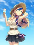  adapted_costume black_skirt blonde_hair blue_eyes blue_hair breasts commandant_teste_(kantai_collection) food hat holding holding_food ice_cream kantai_collection large_breasts long_hair monoku multicolored_hair open_mouth plaid plaid_scarf red_hair scarf skirt sleeveless solo streaked_hair white_hair 