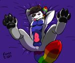  2017 anthro anus black_hair black_nose canine colored_hair erection fan_character feet frenzyfox hair knot kris_uchiha looking_at_viewer looking_up lying male mammal naruto paws penis rainbow_colors sex simple_background smile spread_legs spreading submissive wolf 