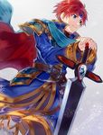  armor blue_eyes blush cape cosplay durandal_(fire_emblem) eliwood_(fire_emblem) eliwood_(fire_emblem)_(cosplay) fire_emblem fire_emblem:_fuuin_no_tsurugi fire_emblem:_rekka_no_ken fire_emblem_heroes highres holding holding_weapon male_focus red_hair roy_(fire_emblem) smile solo weapon 