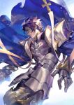  1boy armor arondight_(fate) blue_cape breastplate cape cropped_legs cross_ornament cuirass fate/grand_order fate_(series) faulds floating_clothes from_side full_armor gauntlets hangleing holding holding_sword holding_weapon knight lancelot_(fate/grand_order) male_focus pauldrons plate_armor profile purple_eyes purple_hair short_hair shoulder_armor solo sword weapon 