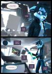 3d_(artwork) anthro arms_tied black_hair blue_body blue_fur bottomwear bound chain clothing comic destroyed_building destroyed_furniture destroyed_wall destruction dialogue digital_media_(artwork) english_text female fur hair hi_res imagination jacket leather leather_clothing leather_jacket leather_topwear mammal markings midriff pants photo procyonid purple_eyes raccoon ryder_(striped_sins) shirt speech_bubble striped_markings striped_sins striped_tail stripes subconscious t-shirt tail tail_markings talking_to_self tank_top text topwear torn_photo url willitfit