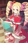  artist_name beatrice_(re:zero) blonde_hair blue_eyes book capelet checkered checkered_floor crown dress drill_hair hair_ribbon holding holding_book long_hair mini_crown muki_(mayuiki) open_book pantyhose pink_ribbon re:zero_kara_hajimeru_isekai_seikatsu red_dress ribbon solo standing striped striped_legwear twin_drills very_long_hair 