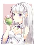  apple bad_id bad_pixiv_id breasts choker cleavage detached_sleeves emilia_(re:zero) eyebrows_visible_through_hair flower food fruit hair_flower hair_ornament hair_ribbon holding holding_food holding_fruit long_hair medium_breasts pointy_ears purple_eyes purple_ribbon re:zero_kara_hajimeru_isekai_seikatsu ribbon sabet_(young_ouo) shiny shiny_skin silver_hair simple_background solo upper_body very_long_hair white_background white_flower 