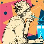  crazy_straw cup drinking_straw hood hoodie looking_at_another male_focus male_protagonist_(pokemon_go) multicolored multicolored_background pokemon pokemon_go shared_drink sitting smile solo twitter_username visor_cap watari_yuu_(haskey) 