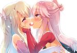  bare_shoulders blonde_hair blush bridal_gauntlets chloe_von_einzbern commentary_request elbow_gloves eyebrows_visible_through_hair fate/kaleid_liner_prisma_illya fate_(series) french_kiss gloves hair_bun half_updo hands_on_another's_cheeks hands_on_another's_face illyasviel_von_einzbern kiss long_hair multiple_girls pink_gloves pink_hair prisma_illya profile sazaki_ichiri tongue tongue_out two_side_up upper_body white_gloves yuri 