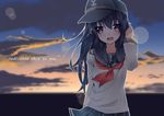  :d akatsuki_(kantai_collection) anchor_symbol arm_behind_back black_hat blue_hair blue_skirt eyebrows_visible_through_hair flat_cap floating_hair hair_between_eyes hat kantai_collection lens_flare long_hair looking_at_viewer miniskirt neckerchief open_mouth outdoors pleated_skirt purple_eyes red_neckwear school_uniform serafuku shirt skirt sky smile solo standing sunrise warashi white_shirt 