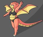  anthro belly belly_scales big_belly big_breasts bra breasts claws clothing dragon female front_view horn multicolored_scales panties pink_scales scales scalie slightly_chubby smile solo standing stretching thick_thighs two_tone_scales underwear usa100 voluptuous wide_hips wings 