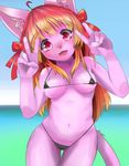  2014 anthro bikini blush breasts cat clothed clothing feline female fur hair harsegerwa looking_at_viewer mammal multicolored_hair navel nipples open_mouth orange_hair outside pink_eyes pink_fur red_hair red_nose ribbons skimpy sky solo standing swimsuit two_tone_hair water 