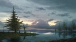  cloudy_sky commentary_request fir_tree forest grass highres horizon lake landscape lily_pad mountainous_horizon mushroom nature no_humans outdoors reflection scenery shore sky sudzuke sunset tree water_surface 