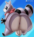 2024 absurd_res balls bandanna bandanna_only big_balls big_butt black_eyes blue_background bottom_heavy butt feral fur genitals grey_body grey_fur hi_res huge_butt hyper hyper_butt indigo_park kerchief kerchief_only looking_away male mammal mostly_nude obese obese_feral orangejuicemann overweight overweight_feral procyonid pupils purple_pupils raccoon rambley_raccoon red_bandanna red_kerchief signature simple_background smile smiling_at_viewer solo tagme thick_thighs wide_hips