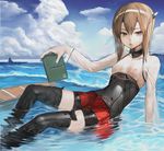  black_legwear blue_sky brown_eyes brown_hair cloud day headband kantai_collection looking_at_viewer nipples nyatabe ocean see-through ship sitting sky solo taihou_(kantai_collection) thighhighs watercraft wet wet_clothes 