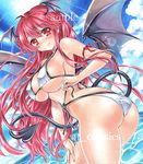  ahoge artist_name ass at_classics bangs bikini blue_sky blush breasts closed_mouth cloud covered_nipples day demon_girl demon_tail demon_wings eyebrows_visible_through_hair hair_between_eyes hand_on_own_thigh head_wings koakuma large_breasts long_hair looking_at_viewer outdoors red_eyes red_hair sample side-tie_bikini sidelocks sky smile solo sun swimsuit tail touhou traditional_media twisted_torso very_long_hair water watermark white_bikini wings 