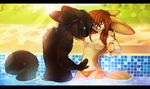  5_fingers anthro black_bars blue_eyes breasts brown_hair canine clothed clothing day female fox hair holding_object magenta7 male mammal navel nipples outside smile topless water wide_hips 