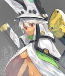  ? breasts cape commentary_request dark_skin faust_(guilty_gear) grey_background guilty_gear guilty_gear_xrd hat kasuka_(kusuki) long_hair looking_at_viewer medium_breasts navel popped_collar ramlethal_valentine red_eyes short_hair solo underboob upper_body white_hair 