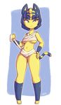  animal_crossing ankha blue_hair breasts cat feline female full_body hair mammal medium_breasts navel nintendo pidgeon_toed short_hair signature simple_background spikedmauler standing tiny_feet under_boob video_games wraps yellow_eyes 