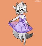  2017 3_toes 5_fingers anthro biped black_eyes black_fur black_nose bottomless breasts canine chemise clothed clothing digital_drawing_(artwork) digital_media_(artwork) digitigrade dipstick_ears dipstick_tail eyelashes female fluffy fluffy_tail front_view full-length_portrait fur gloves_(marking) grey_fur grey_hair grey_nipples grey_pussy hair head_tilt hindpaw holding_clothing humanoid_hands japanese kemono leg_tuft looking_away looking_up mammal mane_hair markings multi_nipple multicolored_fur multicolored_tail muzzle_(marking) nipples paprika_cake paws portrait purple_clothing pussy red_background ribbons short_hair simple_background small_breasts small_waist smile socks_(marking) solo standing toes translucent two_tone_fur voluptuous watermark 