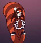  2017 anthro big_breasts big_tail bikini biting_lip breasts brown_hair cleavage clothed clothing cowprint female green_eyes hair mammal nipple_bulge one_eye_closed red_panda scorpdk short shorts solo swimsuit thick_thighs wet_patch wide_hips wink 