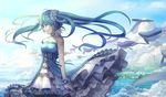  aoiakamaou black_legwear blue_hair blue_hairband blue_ribbon collarbone cowboy_shot dated day dress floating_hair flying_whale green_eyes hair_ornament hairband hatsune_miku headphones highres layered_dress long_hair number outdoors ribbon sky sleeveless sleeveless_dress solo standing tattoo thighhighs twintails very_long_hair vocaloid whale 