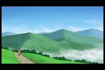  bag black_hair blue_sky border cloud commentary_request day grass long_hair mountain noshi outdoors path road scenery shoulder_bag sky standing tree very_wide_shot walking windowboxed 