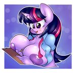  2017 anthro anthrofied areola big_breasts border breasts clipboard clothed clothing ep777 equine female friendship_is_magic hair hi_res horn long_hair mammal multicolored_hair my_little_pony nipples open_mouth open_shirt pencil_(object) purple_eyes solo twilight_sparkle_(mlp) unicorn white_border 