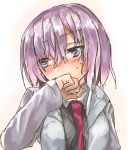  1girl absurdres araido_kagiri blush covering_mouth embarrassed fate/grand_order fate_(series) grey_hoodie hair_between_eyes heart heart-shaped_pupils highres hood hoodie mash_kyrielight necktie nose_blush purple_eyes short_hair sketch solo sweat symbol-shaped_pupils upper_body white_background 