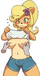  big_breasts blonde_hair breast_grab breasts clothed clothing clothing_lift coco_bandicoot crash_bandicoot_(series) female flashing green_eyes hair hand_on_breast lifted_by_self nipples ponytail shirt shirt_lift shorts simple_background spikedmauler standing video_games 